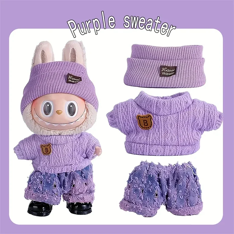 1 Set Purple Fashionable Doll Clothing for Labubu (Hat + Sweater + Pants Combination Style, Excluding Dolls) DIY Doll Clothing