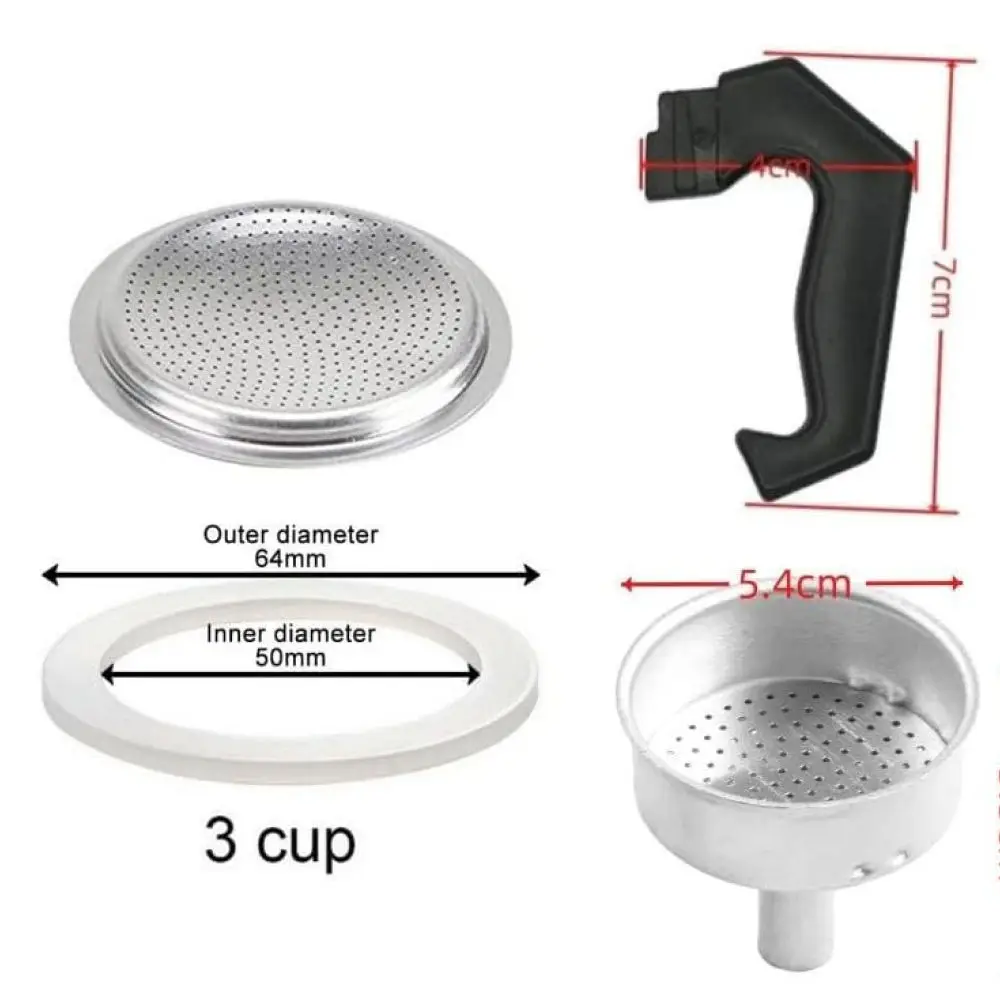 Aluminum Moka Pot Spare Parts Kit For 3 Cup Coffee Maker Replacement Filter Funnel Silicone Gasket Handle Repair Set