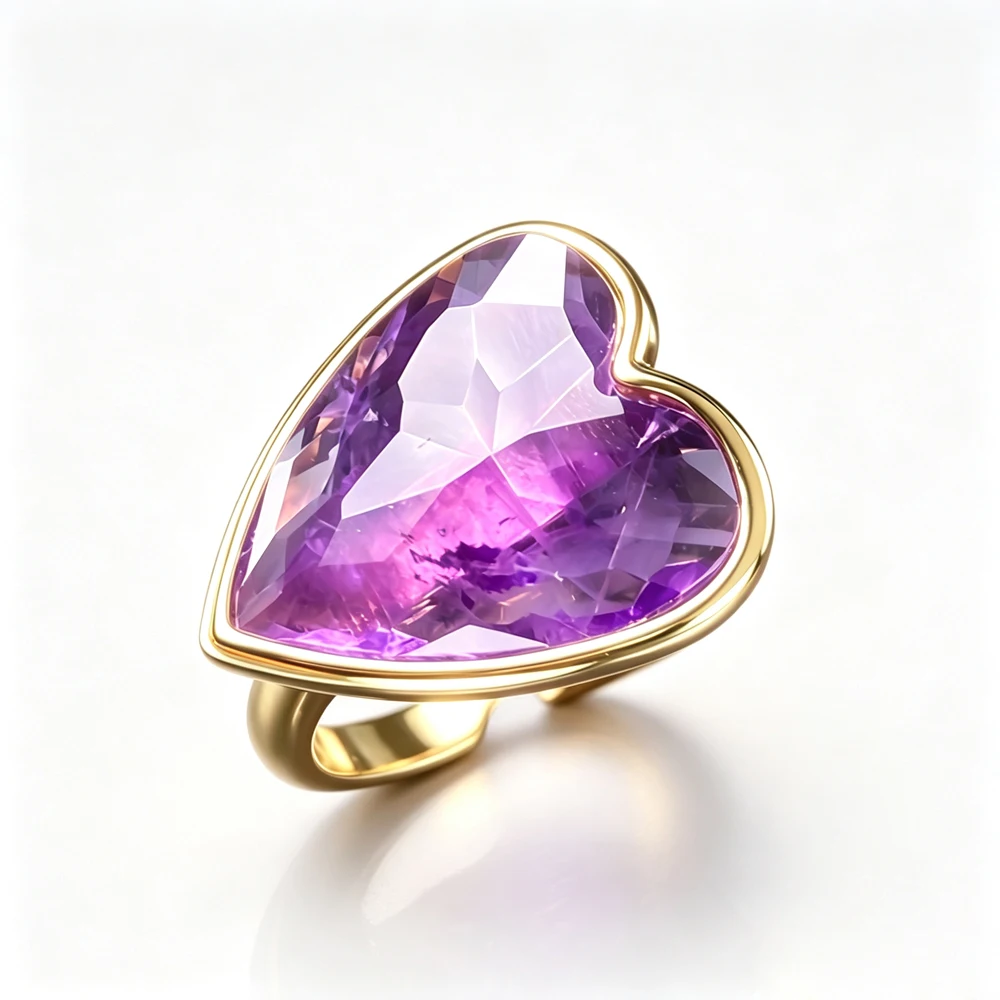 New Design Natural Amethyst Adjustable Rings Yellow Gold Gemstone Heart 15*18mm Fine Jewelry for Women Birthday Party Daily Wear