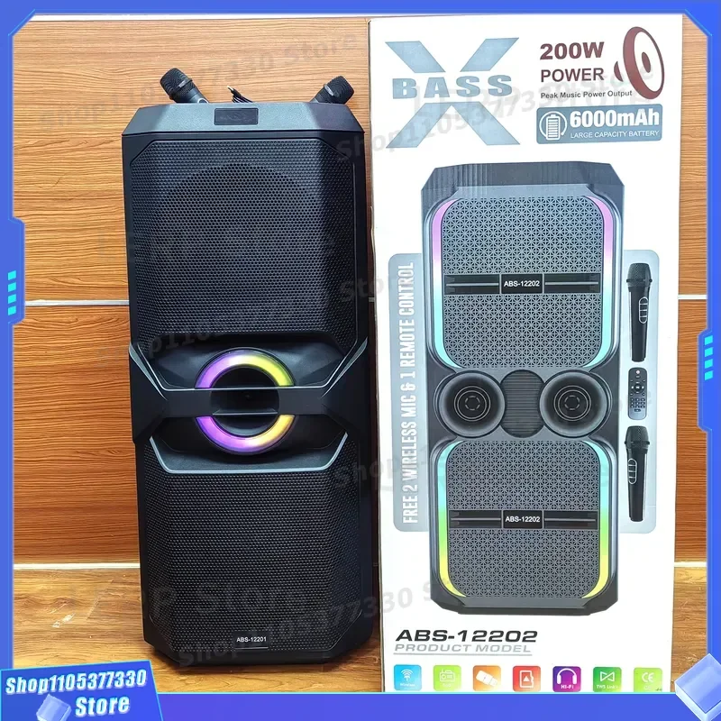 Dual 12 Inch Stereo Woofer Tower Speaker With Wireless Microphone RGB Light HIFI Bluetooth Karaoke DJ Music System For