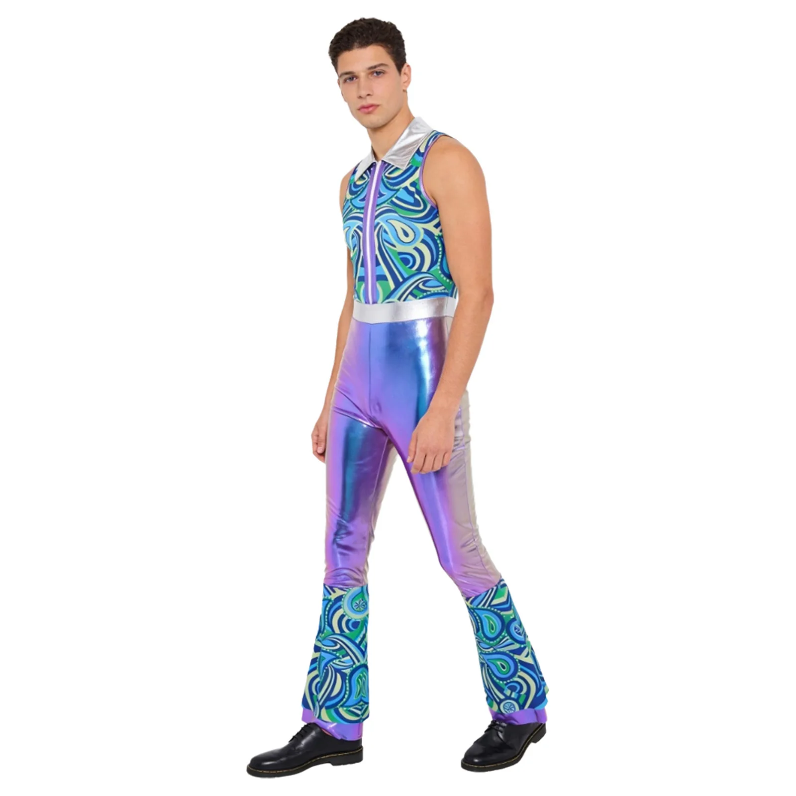 

Men Fashion 70s Disco Party Jazz Tango Tap Waltz Stage Dance Performance Jumpsuits Metallic Shiny Club Party Dance Bodysuits