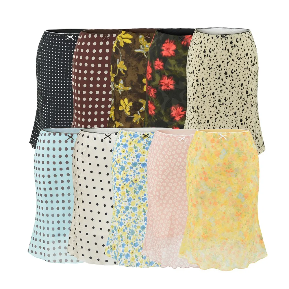 10 Color Stylish Women Floral Print Knee Length Chiffon Skirt Summer Elastic Waist Package Hips A-lined Short Skirts with Lining