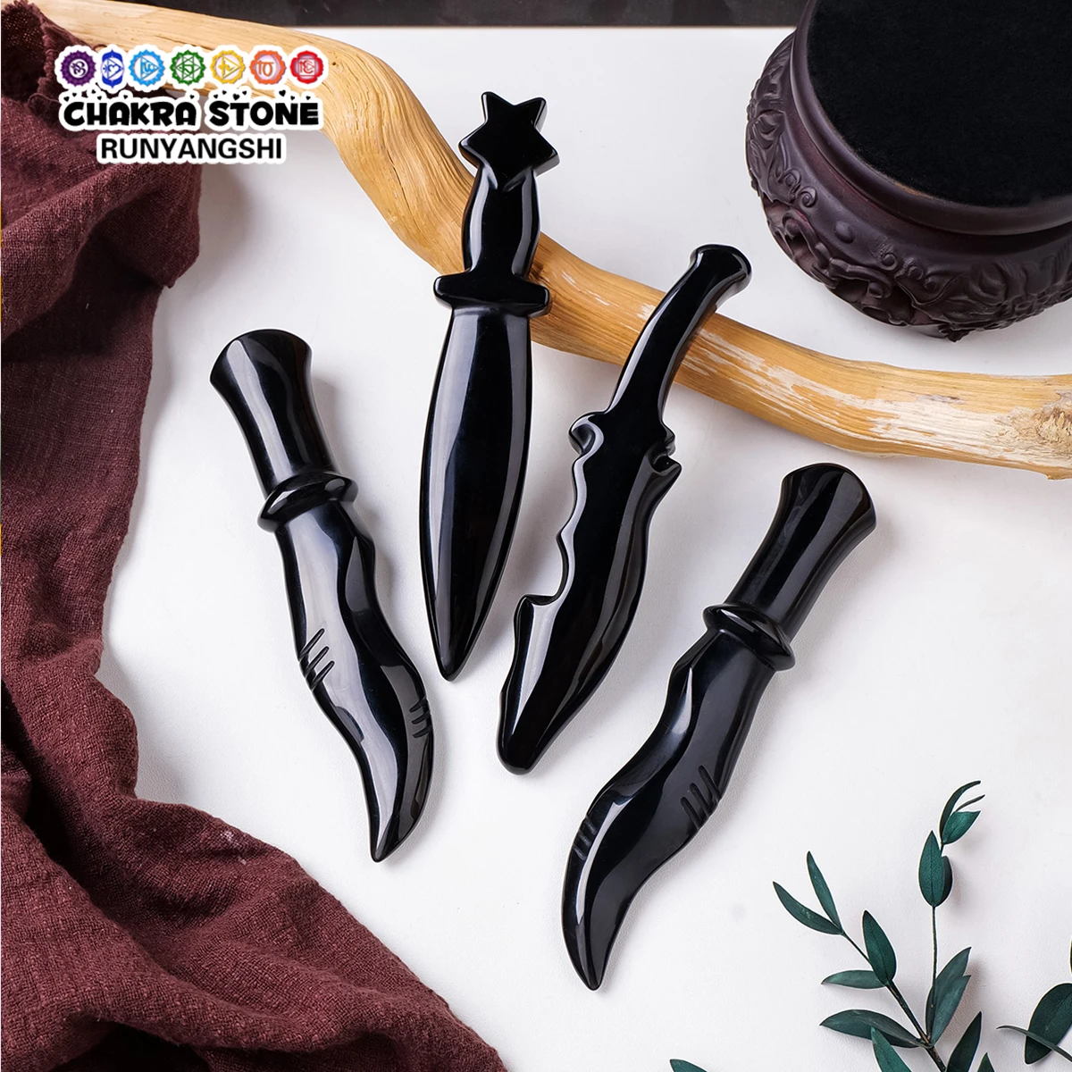 1PC Natural Crystal Black Obsidian Carved Ritual Knife Home Decor Witch Dagger Gemstone Athame Decorative Occult Crystal Gift