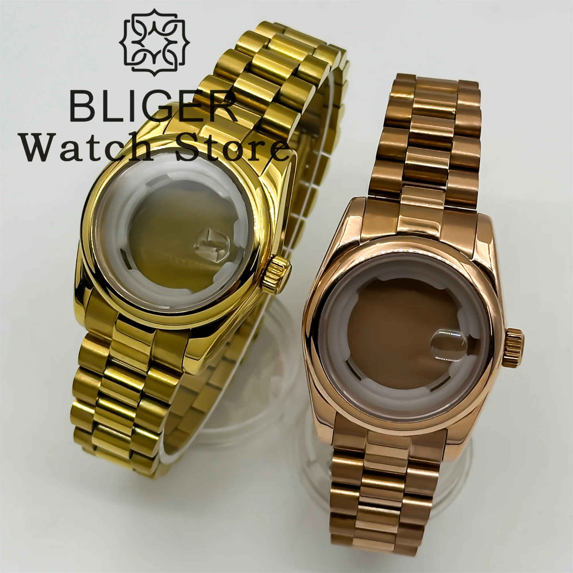 BLIGER 31 مللي متر NH05 ساعة نسائية حافظة سوار رئاسي من الفولاذ المقاوم للصدأ الياقوت الزجاجي إطار دائري يناسب حركة NH05 NH06