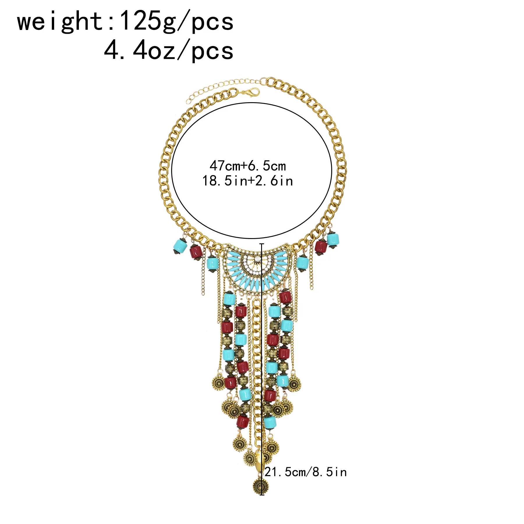 Vintage Golden Silvery Long Chains Artificial Gemstone Bead Coin Necklace for Women Gypsy Ethnic Clothing Sweater Neck Jewelry