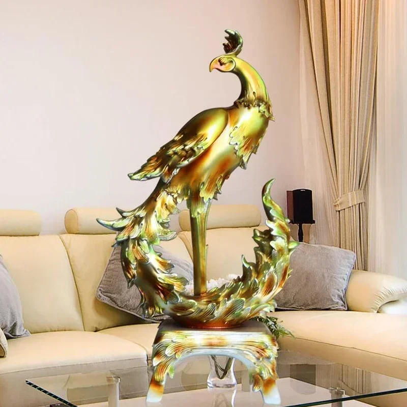 European Luxury Resin Phoenix Figurine Decoration Creative Chinese Home Office Desktop Sculptures Decor Mascot Bird Ornament Art