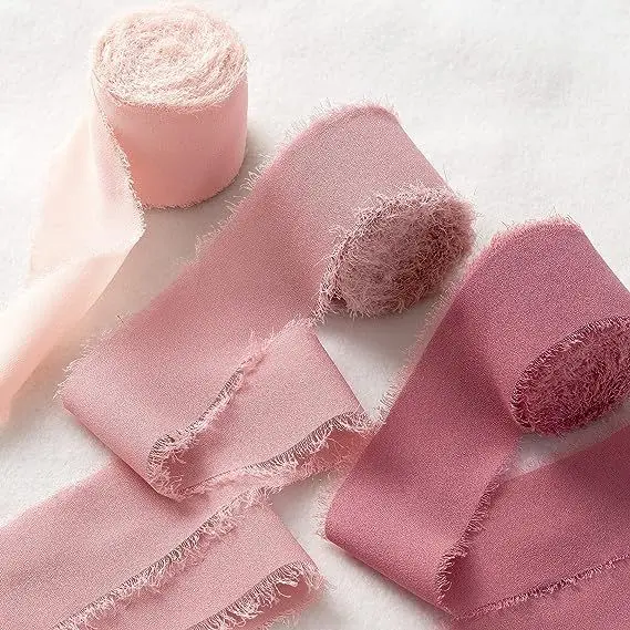 5Mx3CM Handmade Frayed Edged Satin Chiffon Silk Ribbon For Wedding Invitation Cards Wrapping Bouquets Gifts Packing Party Decor