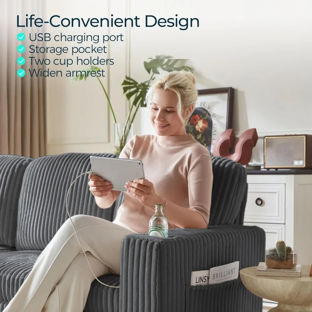 أريكة نوم مقطعية مع أريكة قابلة للسحب، أريكة سحابية من القطيفة قابلة للتحويل مع كرسي تخزين وشحن USB، مريح