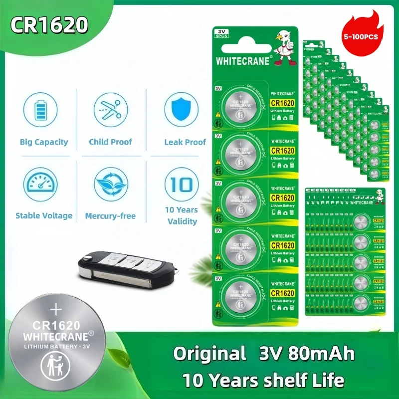 

5-100pcs CR1620 3V Lithium Battery,Button Coin Cell Battery for Watches Car Audio Scales Shavers DL1620 BR1620 KCR1620 Long Life
