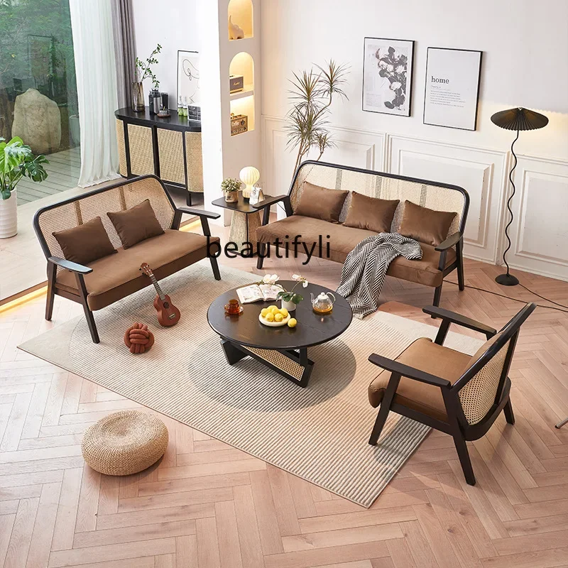 E153 Nordic Solid Wood Sofa Set for Home Living Room Small Apartment Rattan Woven Sofa Modern Simple Style for Three Persons