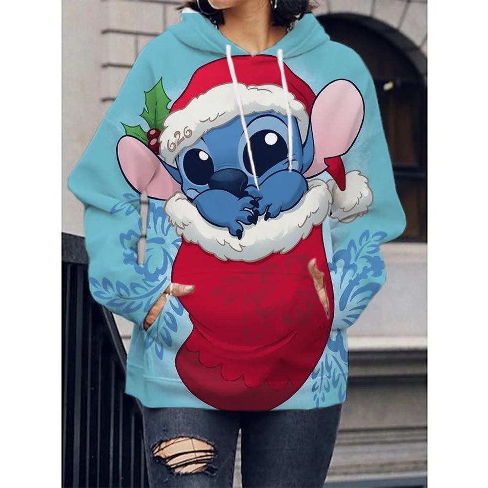 Women\'s Sweatshirt Sweatshirt Jacket Clothes Hoodie Women\'s Pocket Long Sleeve Pullover Disney Christmas Stitch Top