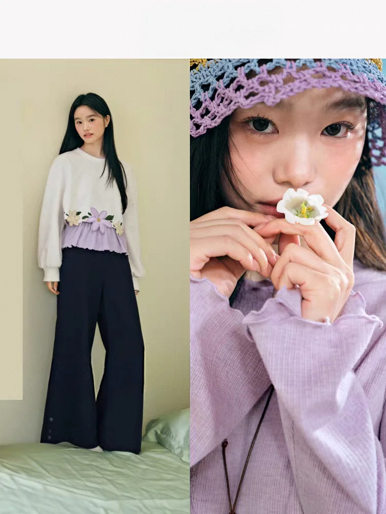 Light Purple Long Sleeve T-Shirt White under Shirt Spring New Women's Fashion Lace Hem Top Autumn Inner Wear Base Layer