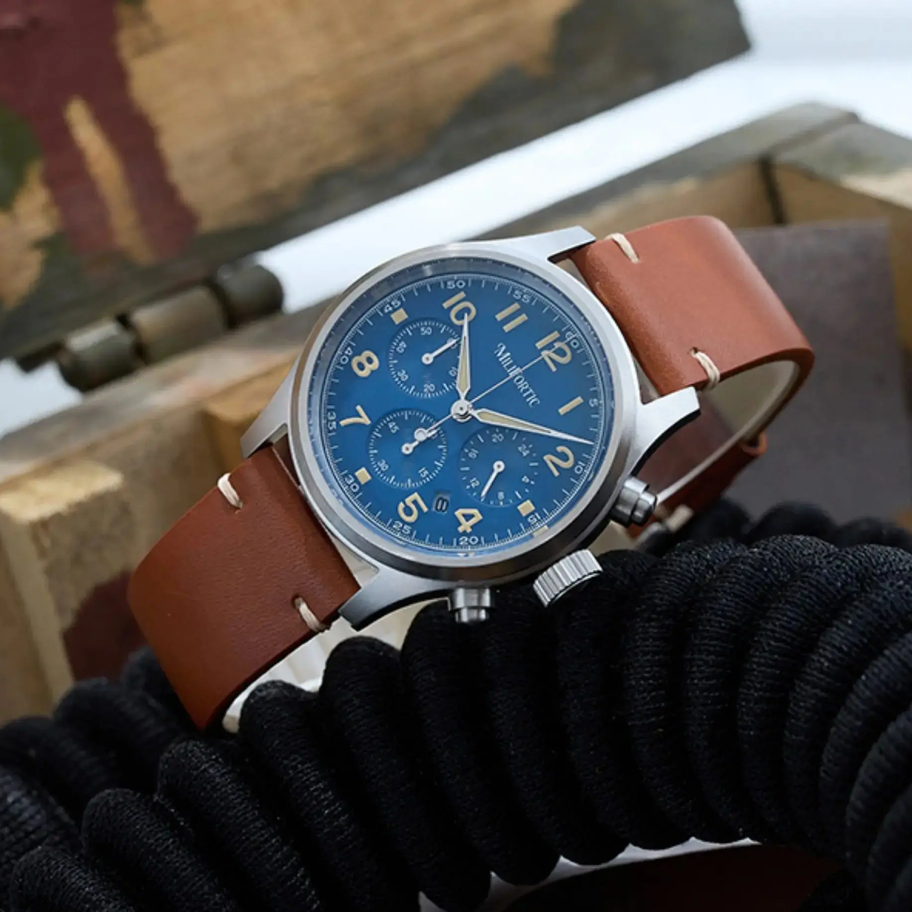Milifortic Men Chronograph Watch Pilot 39mm Solar Quartz Wristwatch Sapphire Mirror 10Bar Waterproof VS75