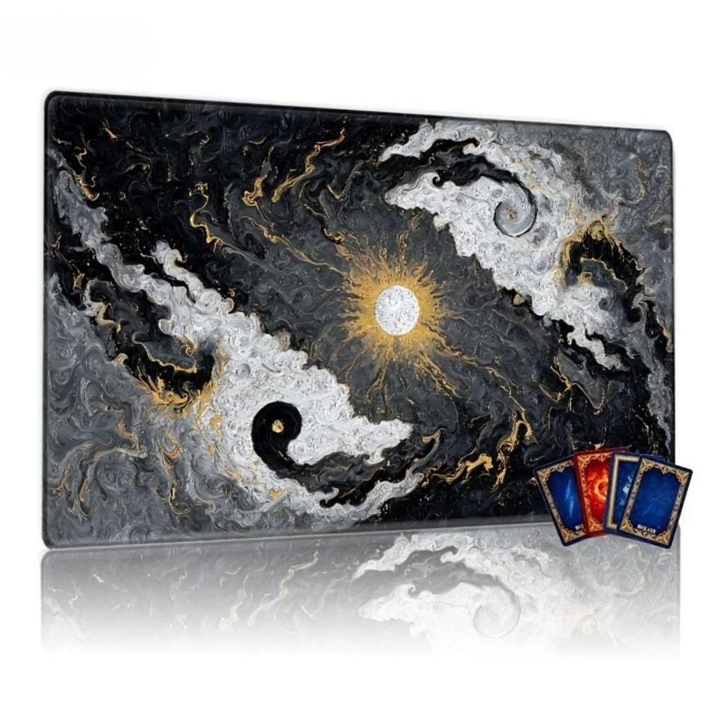 Abstract Yin Yang Fluid Art Playmat Black White Gold Marble Texture Large Gaming Mousepad Non Slip Rubber Stitched Edge TablePad