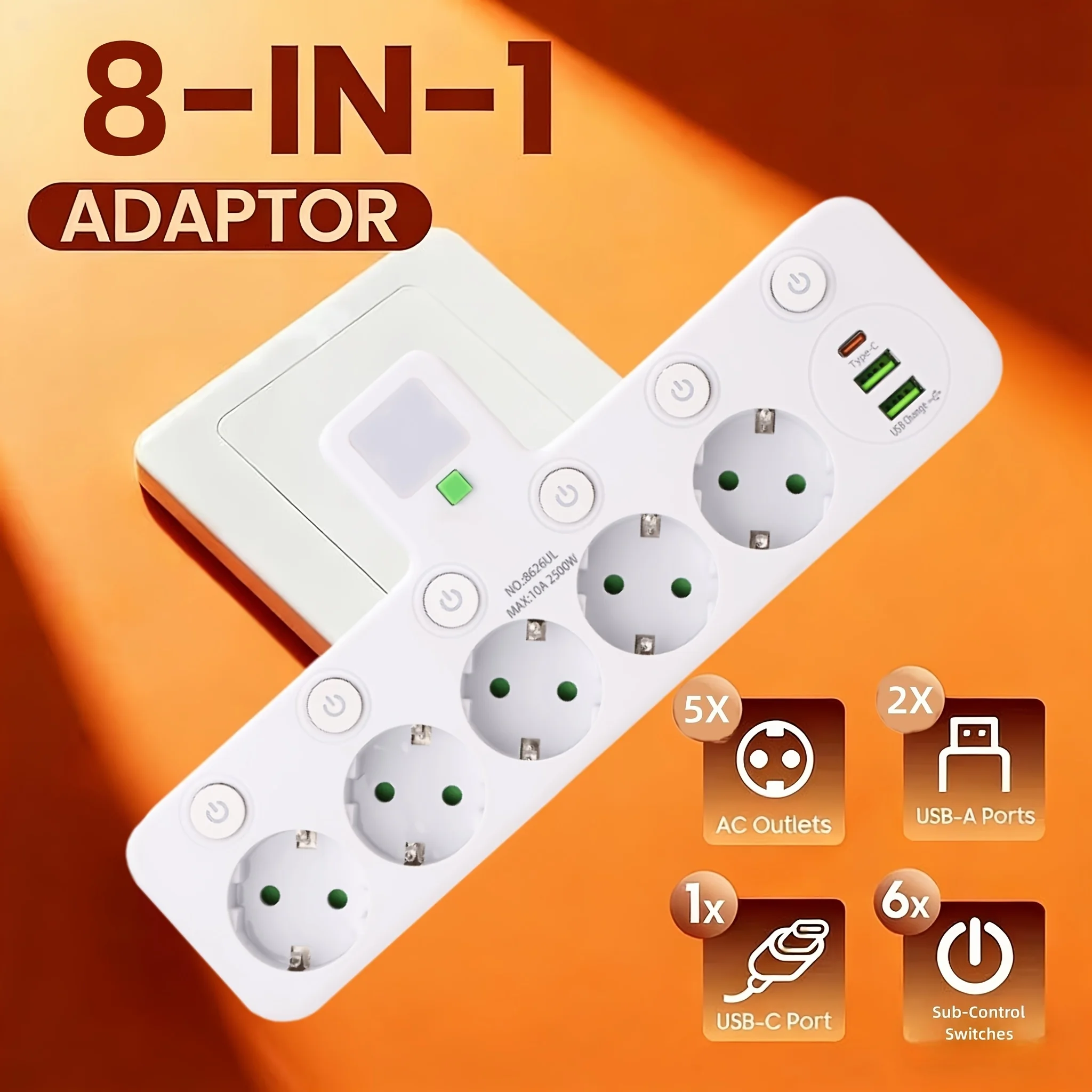 Tomada Europeia 8 em 1 com 5 Saídas AC, 2 USB, 1 Porta Tipo C e Tomada de Energia 3 em 1 com Interruptor e Luz Noturna, Padrão Europeu, Tomada de Energia Sem Fio