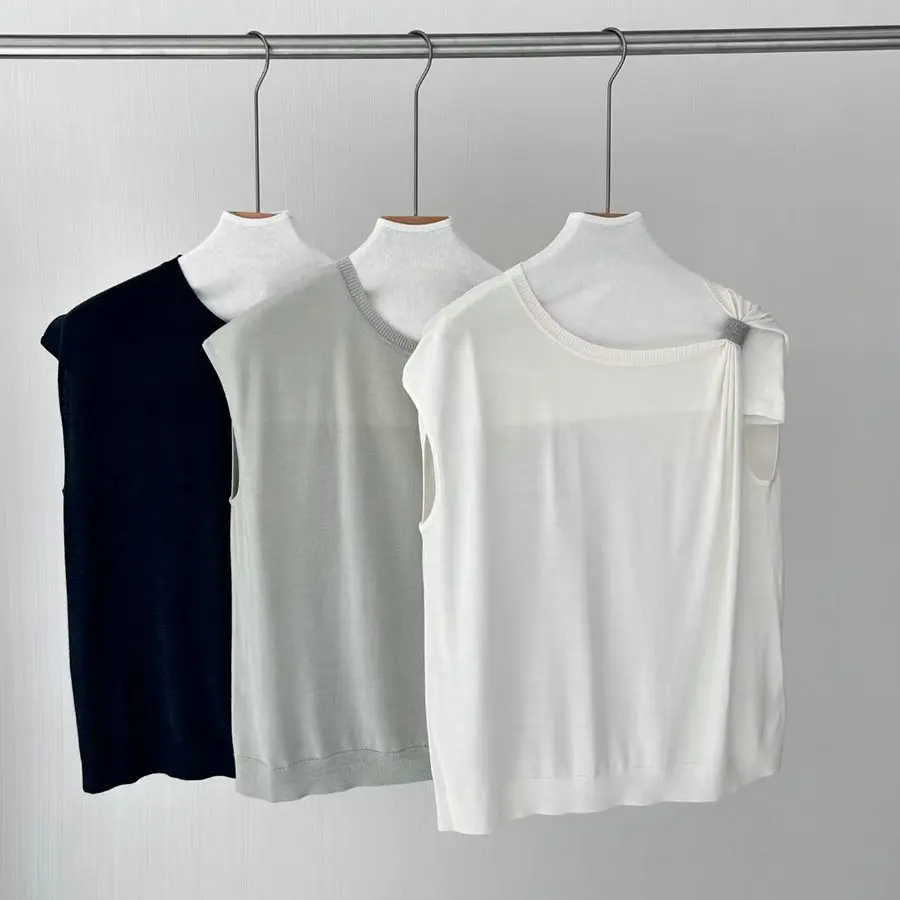 

Women's 25 Spring Summer New Silk Wool Round Neck Sleeveless Knit Shoulder Strap Bead Chain Top