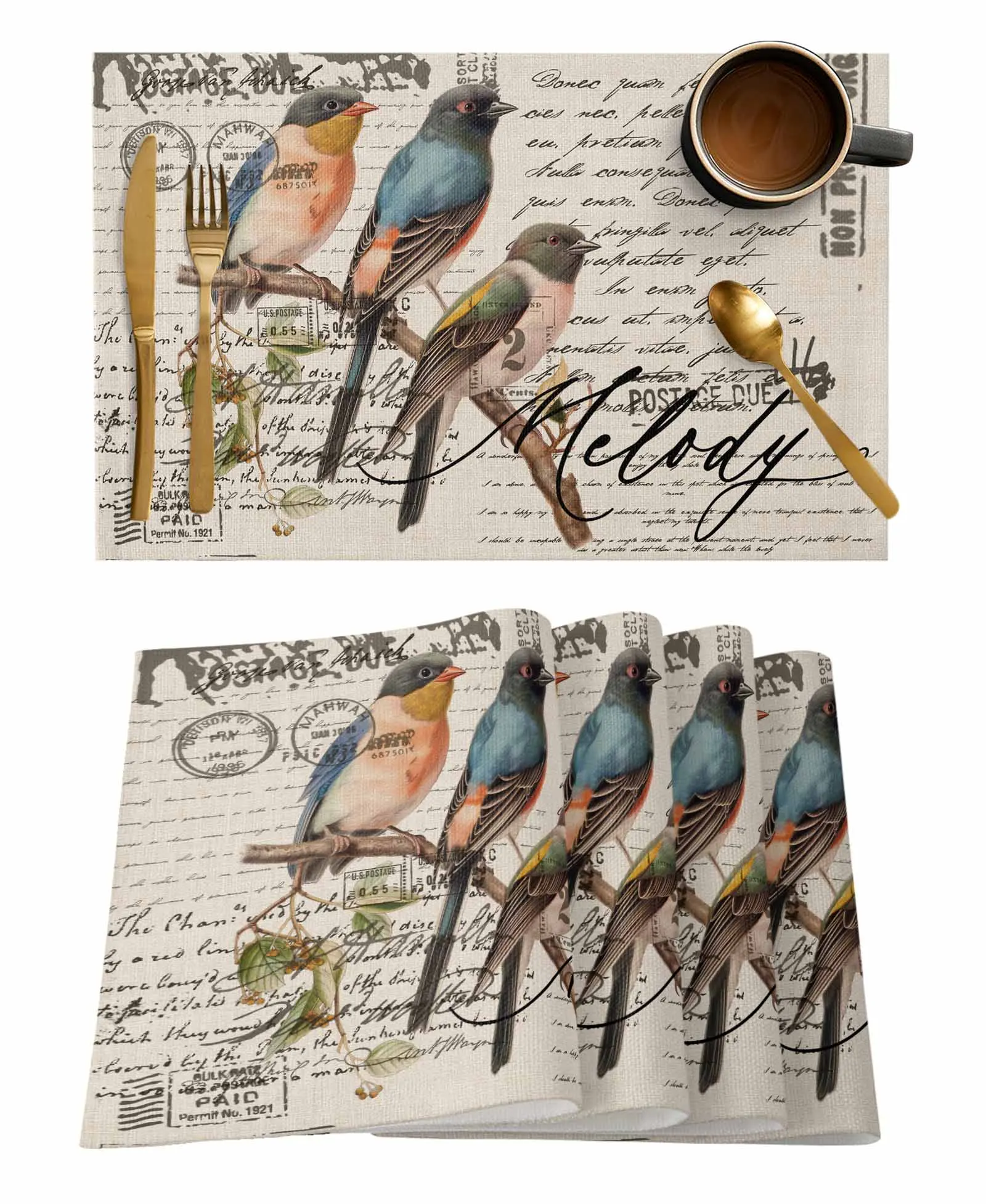 4/6 Pcs Vintage Bird Hand Drawn Envelope Placemat Kitchen Placemat Home Decoration Dining Table Mats Coffee Coaster Mat