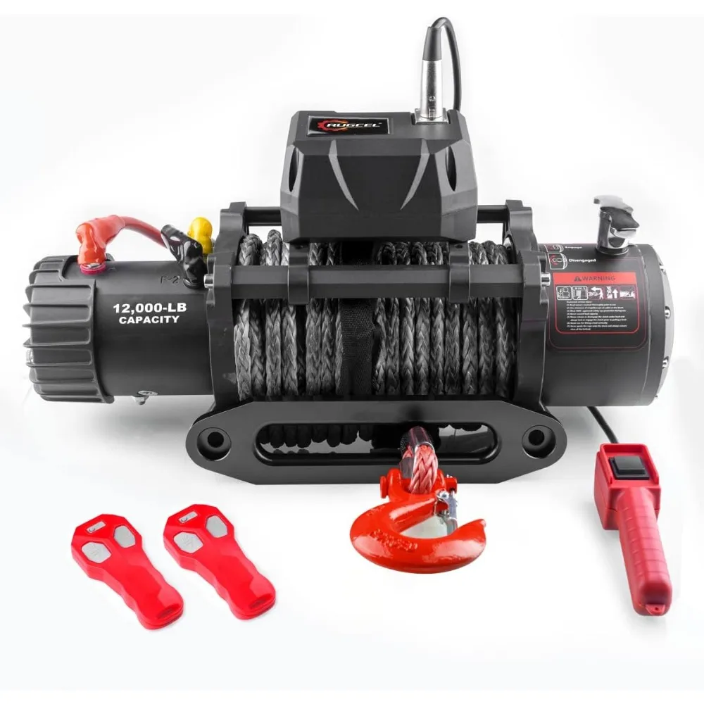 12000lb Waterproof Electric Black Synthetic Rope Winch with Hawse Fairlead, Wired Handle and 2 wireless