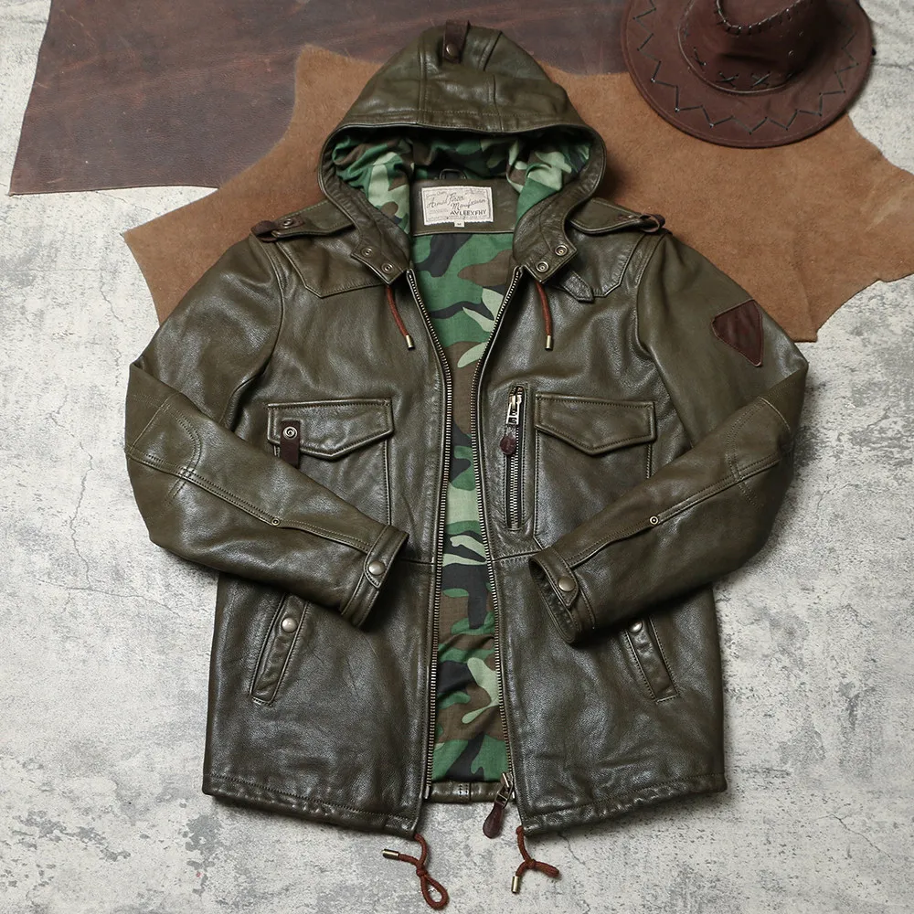 Vintage Multi-Pocket Hunting Genuine Leather Jacket, Mid-Length Hooded Goatskin Outdoor Adventure Riding Genuine Coat