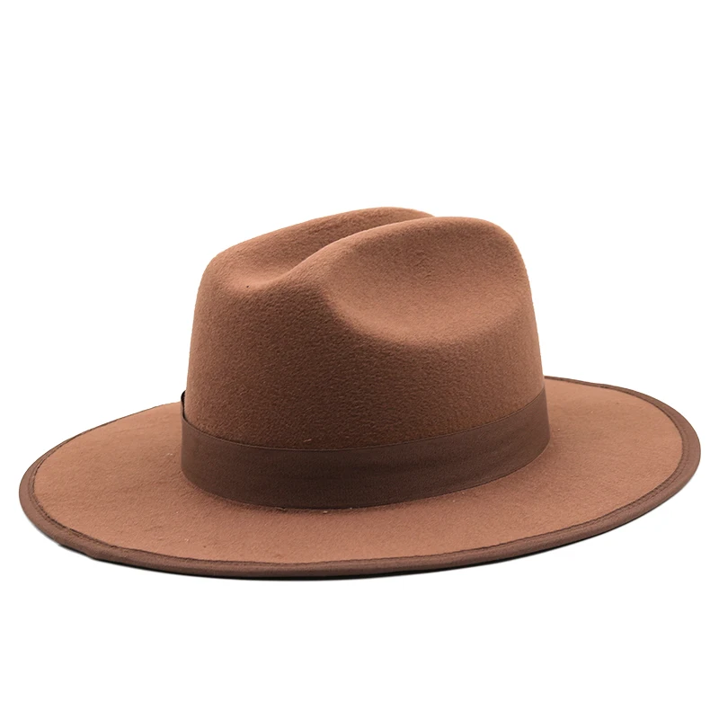 Khaki Wool Women Fedora Hat wide brim hats Elegant Lady Gangster Trilby Felt Homburg Church Jazz Hat Men cowboy hats