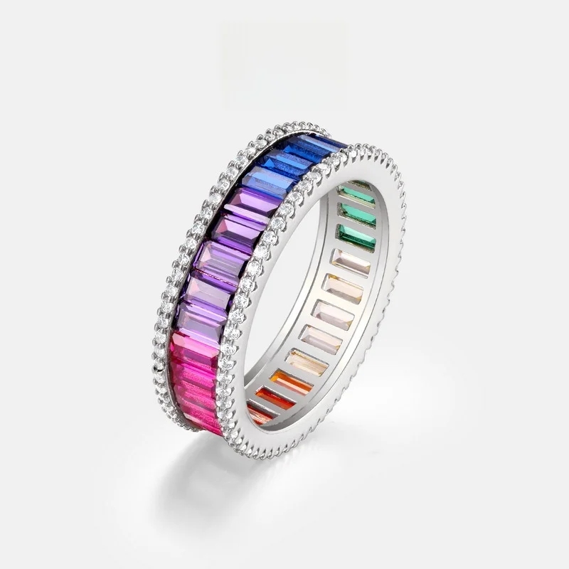 

Rainbow Zircon Ring Unisex S925 Single Row Color Gemstone Fashionable Personalized Cross-Border Jewelry Accessory