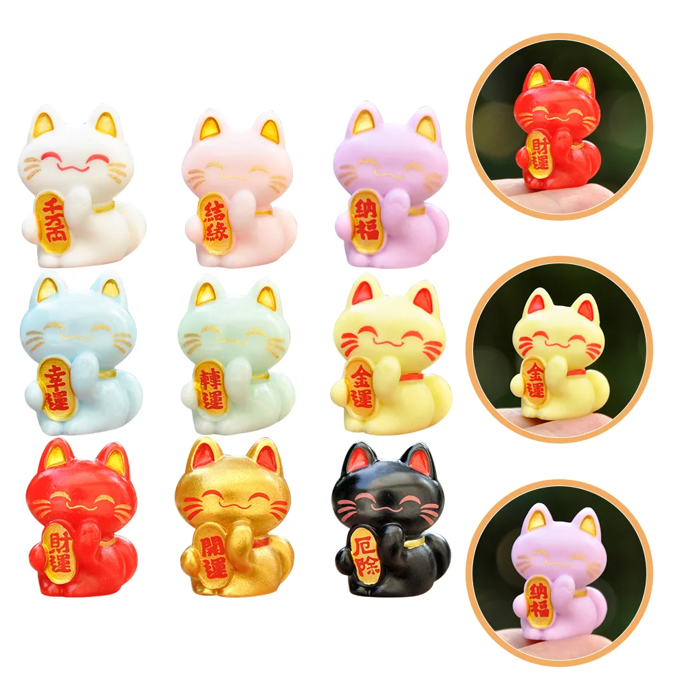 

9 Pcs Miniature Lucky Cat Plant Ornaments Resin Adornments Decoration Figurine Toy Desktop Fortune Statue Hat Model