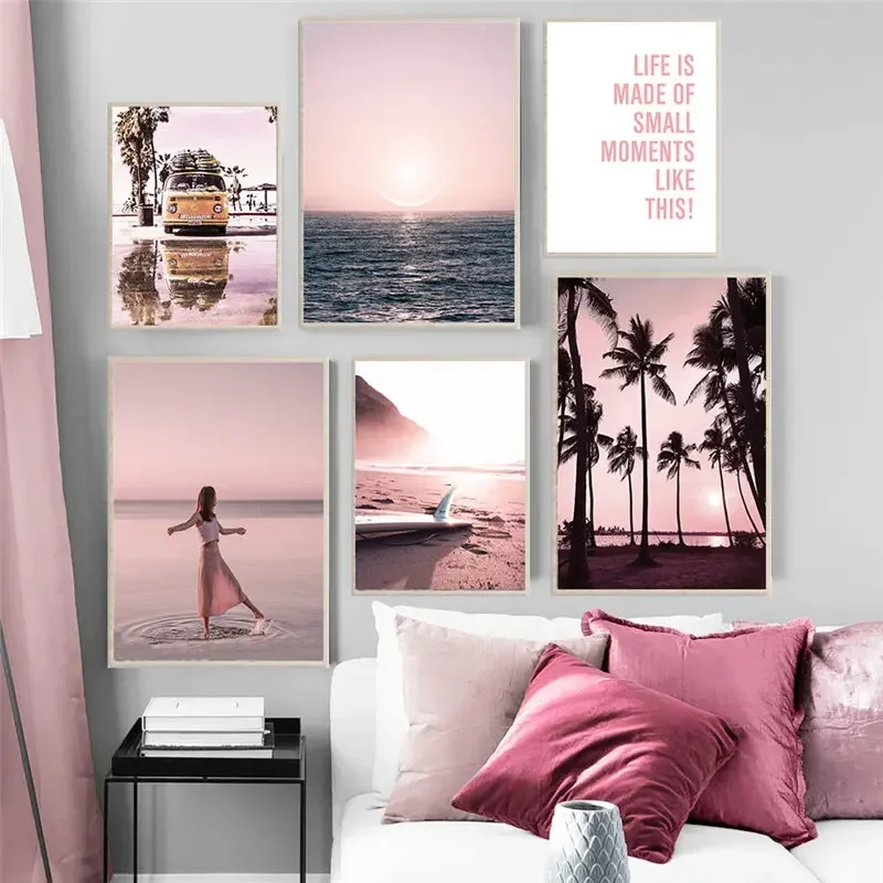 Cuadro sobre lienzo para pared, carteles nórdicos e impresiones de imágenes para decoración del hogar, puesta de sol rosa, autobús, playa, mar, palmera