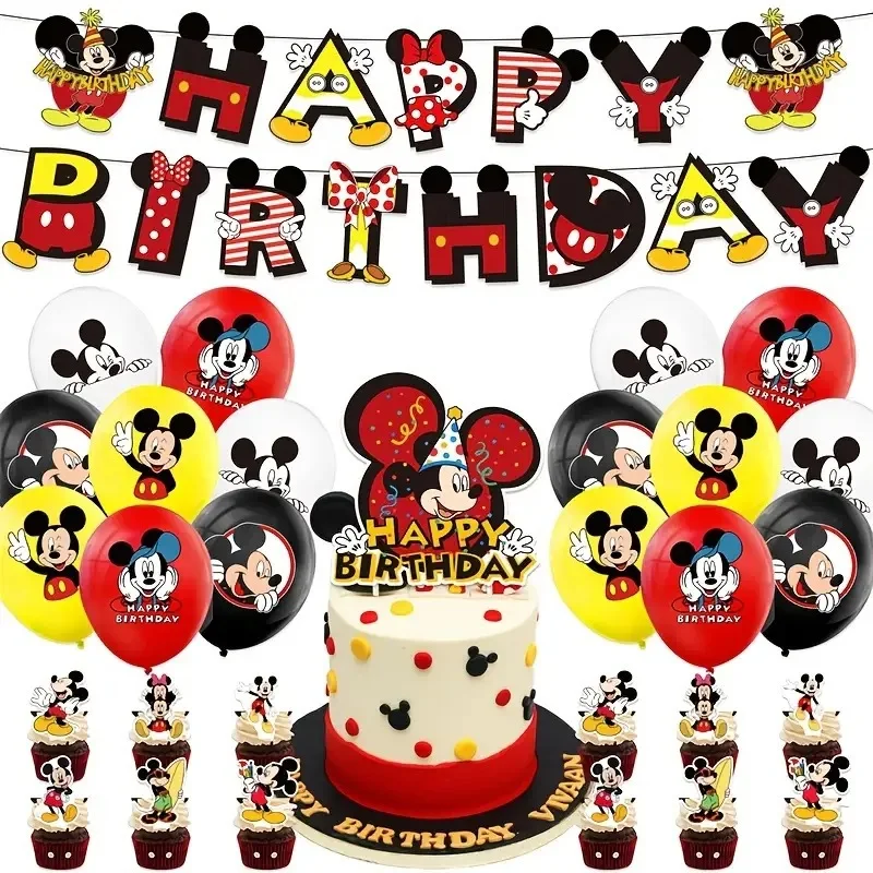 Suministros de fiesta de feliz cumpleaños para niños de Mickey Mouse de Disney, decoraciones para el hogar DIY, figura de Anime, globos, pancarta, complemento para pastel