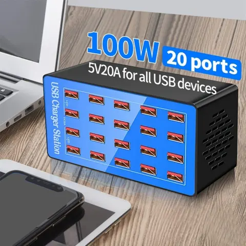 Station de chargement USB 100 W/20-A 20 ports, chargement rapide USB Multiple pour tablettes Apple iPad Android et autres appareils USB