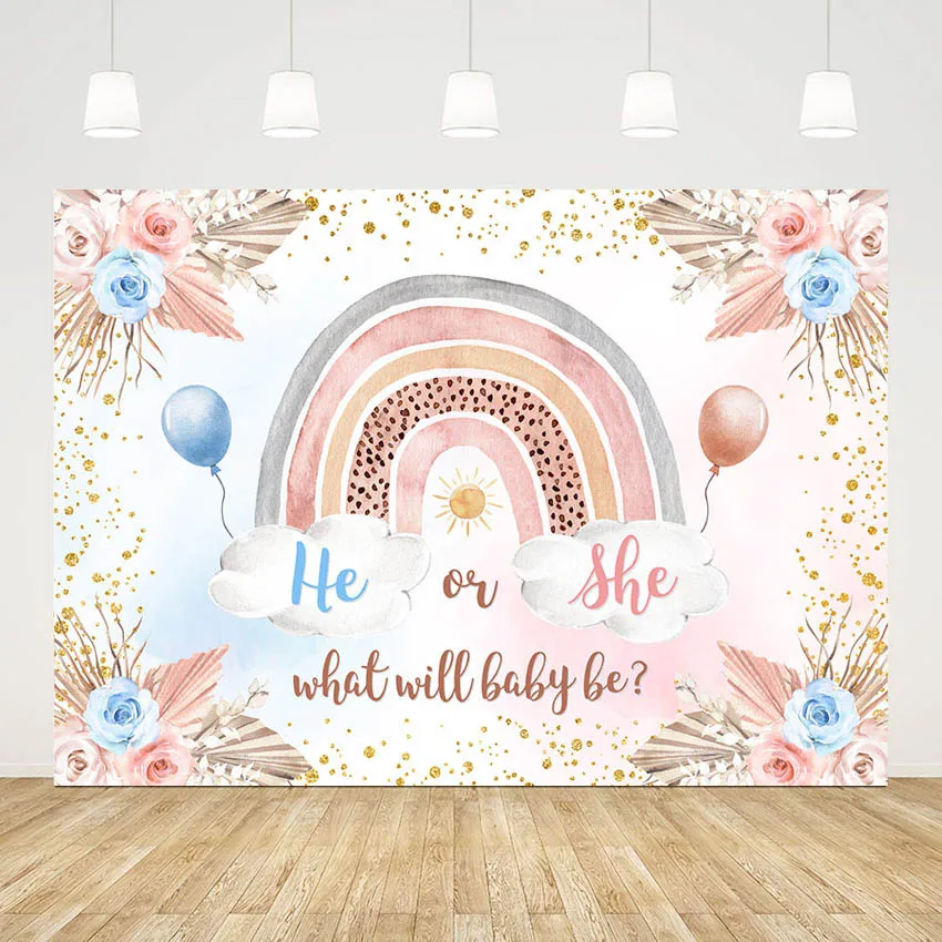 

Boho Rainbow He or She Gender Reveal Background for Boy or Girl Party Blue Pink Balloon Decor Photography Backdrop Photo Studio