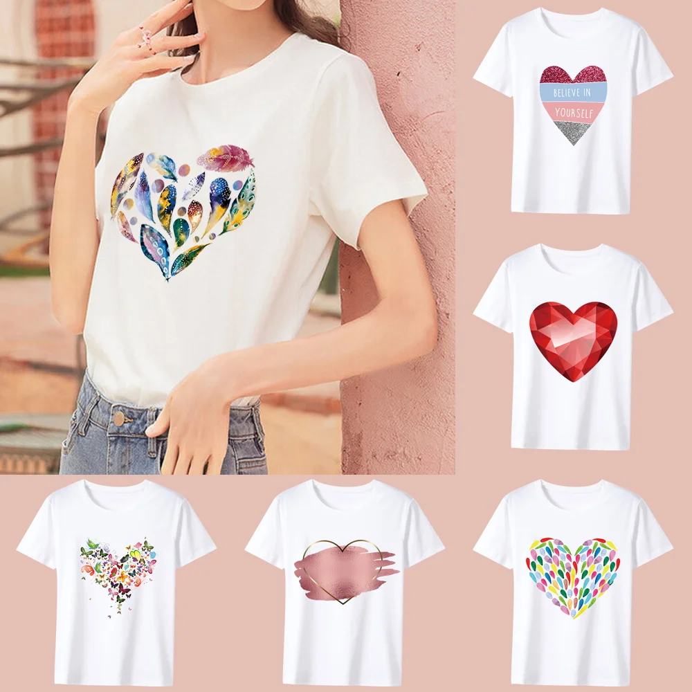 

Short Sleeve Loose T-Shirt Chic Elegant O Neck Tops Casual SimpleTee Streetwear Blouse Love Series White Tees