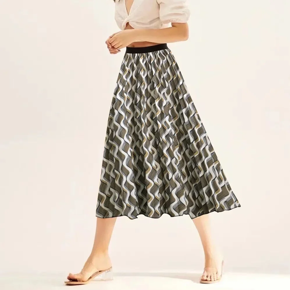 Summer simple elastic pleated skirt Wave texture printed mini skirt