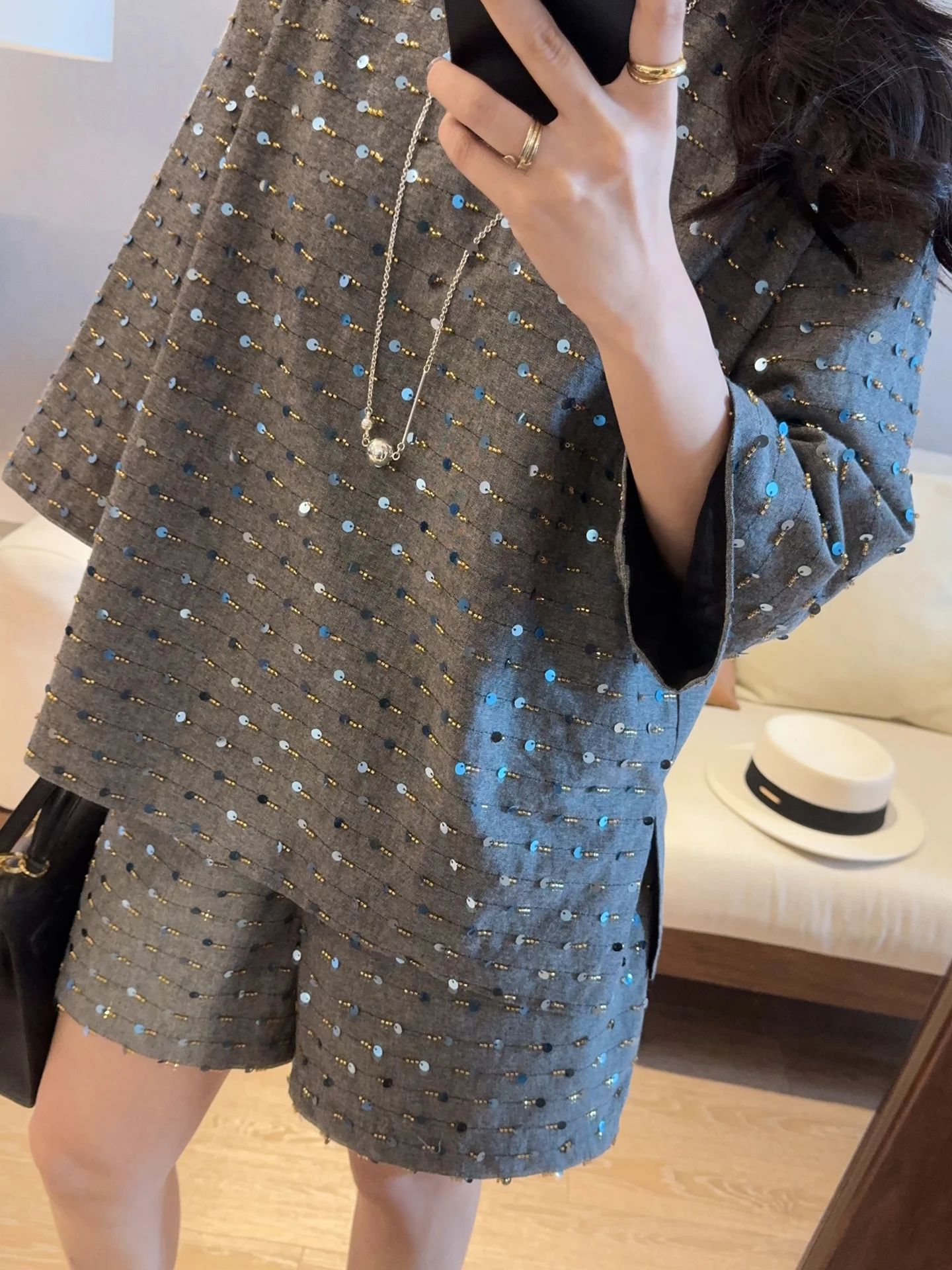 Glittery Heavy Embellishment Casual Seven-Quarter Sleeve Top And Shorts Women's Two-Piece Set Summer Fashionable Cotton Blend