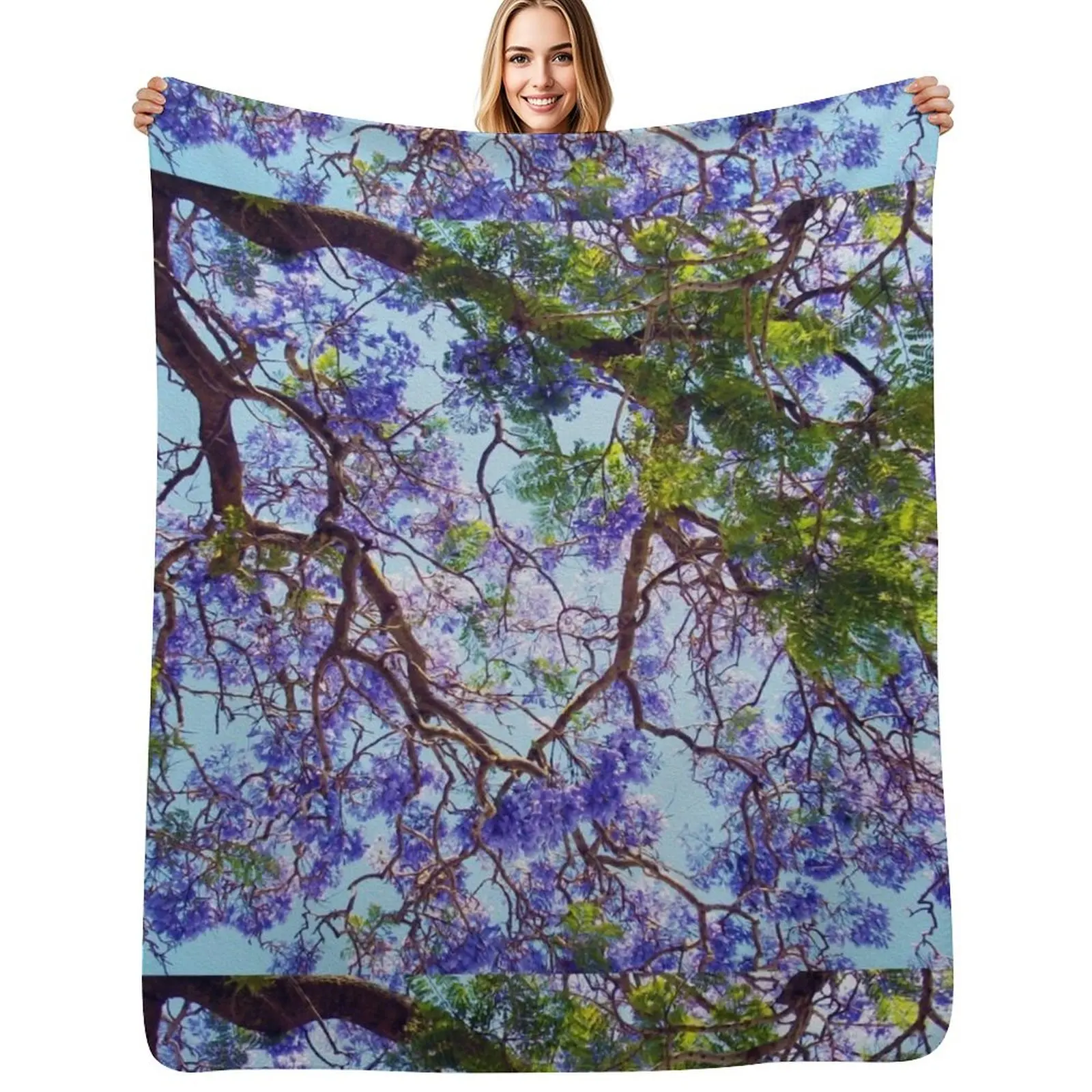 Manta de tela con estampado de árbol de Jacaranda morado, fácil de cuidar, cómoda, para sofá