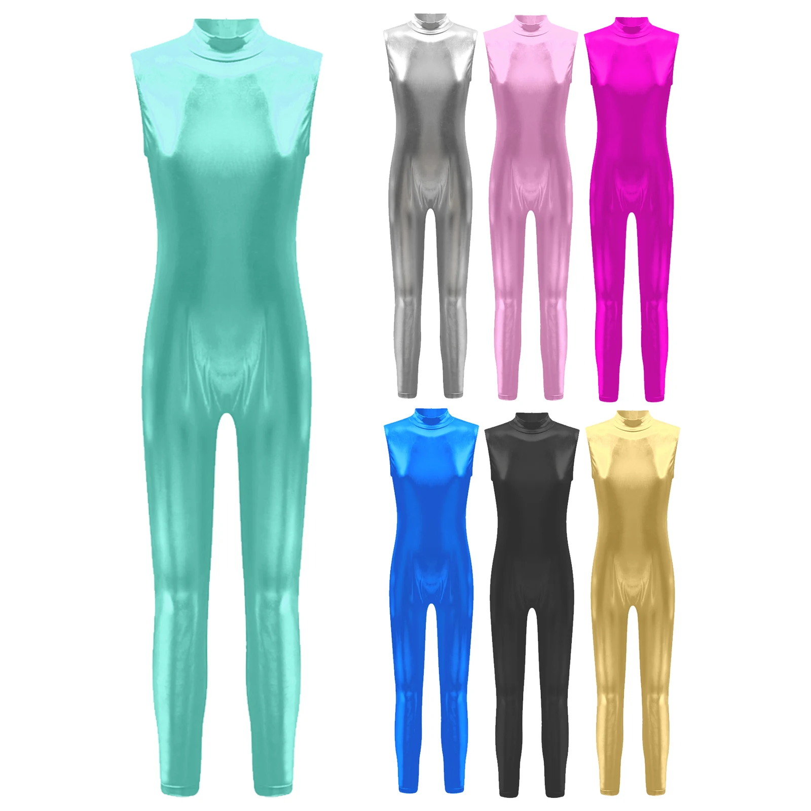 Kids Girls Ballet Dance Jumpsuit Metallic Full Body Leotard Shiny Sleeveless Bodysuit Stage Dance Gymnastics Performance Costume