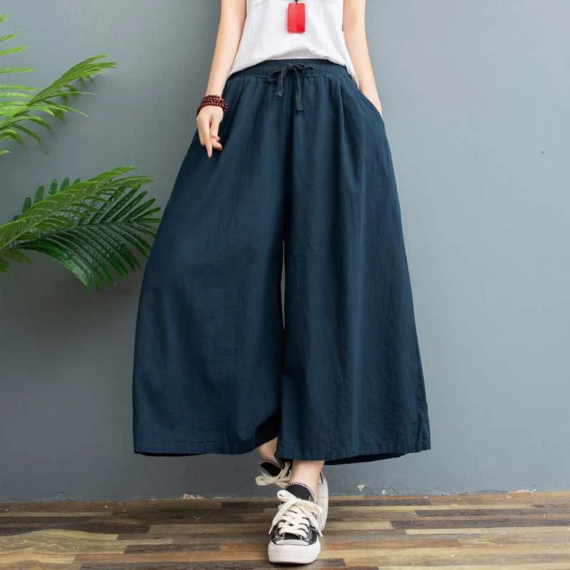 Cotton Linen Wide Leg Summer Pants Women Plus Size Loose Casual Pants Vintage Thin Nine Points Culottes Pants Free Shipping Item