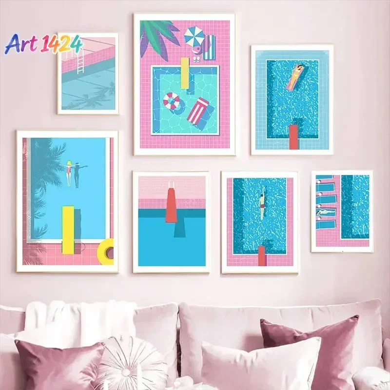 1pc frameless canvas painting Nordic Blue Swim Pool Party Art Poster Print Woman Leisure Life Vacation Diving Canvas Painting