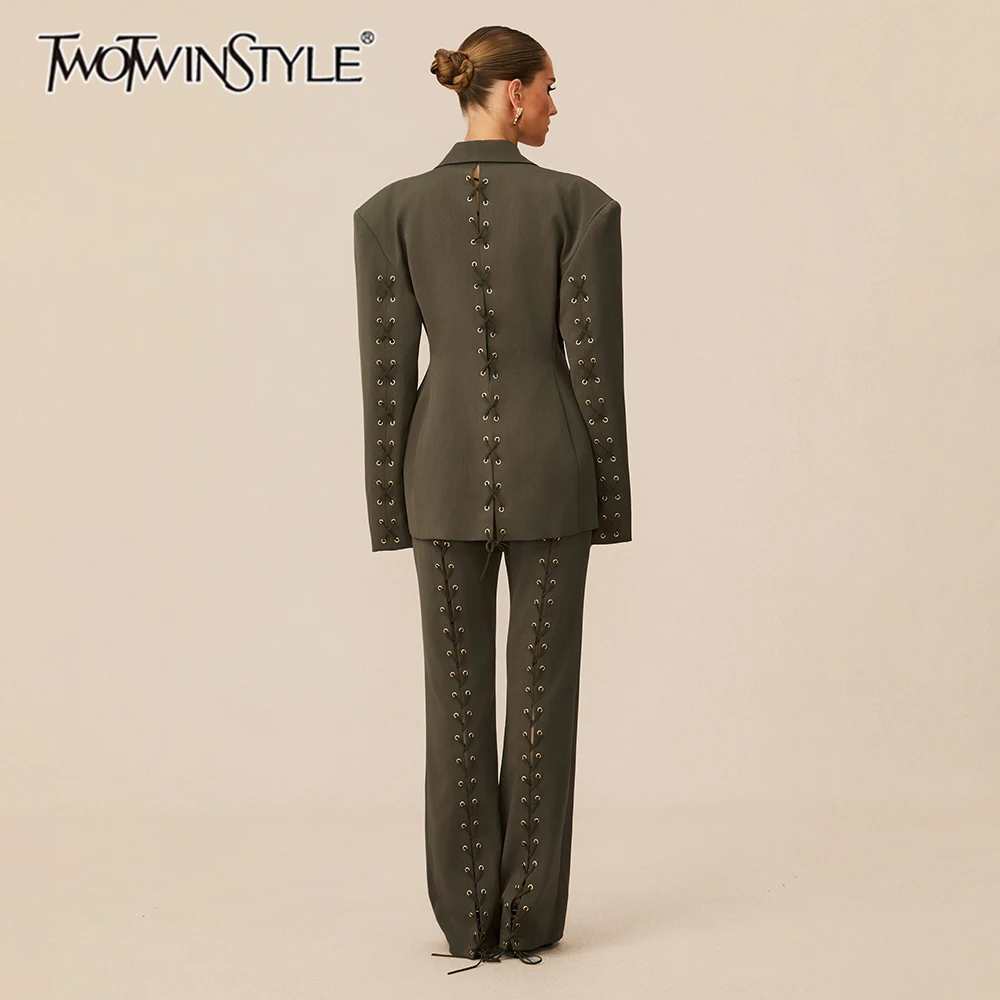 TWOTWINSTYLE الصلبة تقسم الدانتيل يصل قطعتين مجموعات للنساء التلبيب طويلة الأكمام السترة عالية الخصر بانت تصميم تحسس مجموعة الإناث #1