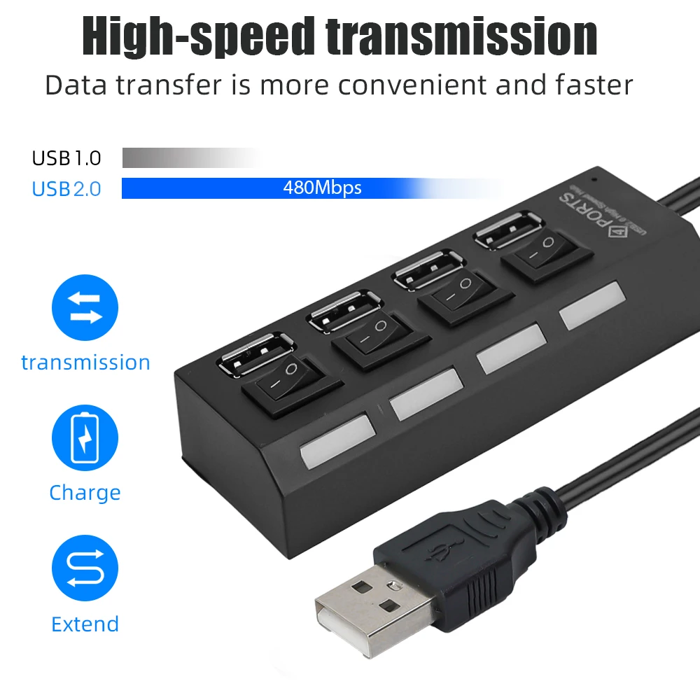 Multi 4 Ports USB Hub Switch USB 2.0 Adapter Portable Switch Multiple Extender High Speed USB A Hubs For Computer PC Laptop Mac