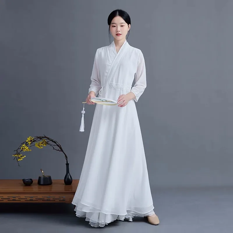 Chiffon Chinese Style Hanfu Dress Cheongsam Women Modern Improve Eleganti Long Qipao Spring Autumn Vintage Female Zen Clothing