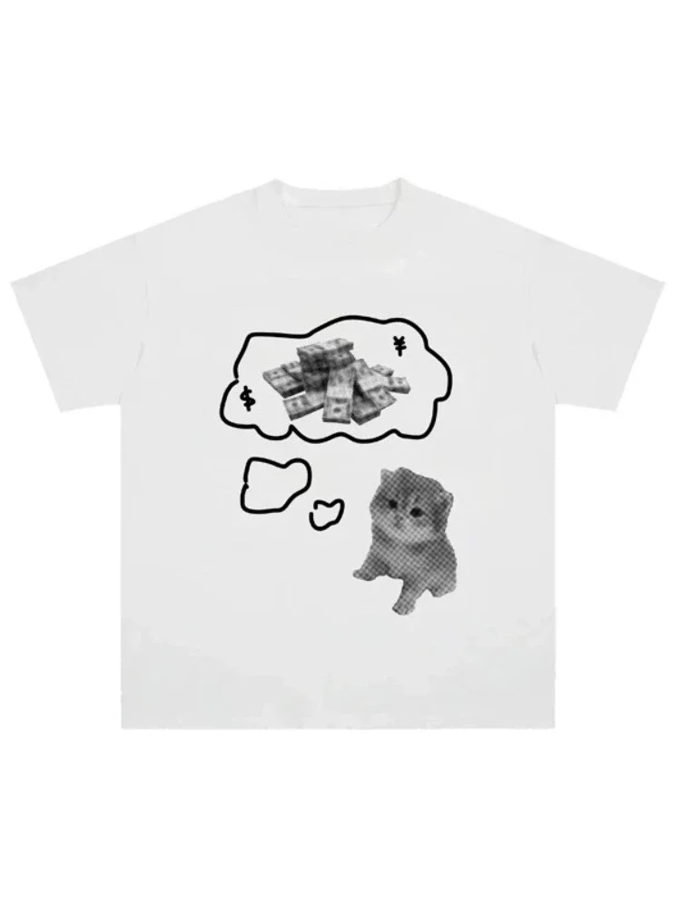 Camiseta Negra Vintage con Estampado de Gato y Monedas, Diseño Gráfico de Dólar y Yen, Estilo Casual Urbano, Unisex, Manga Corta