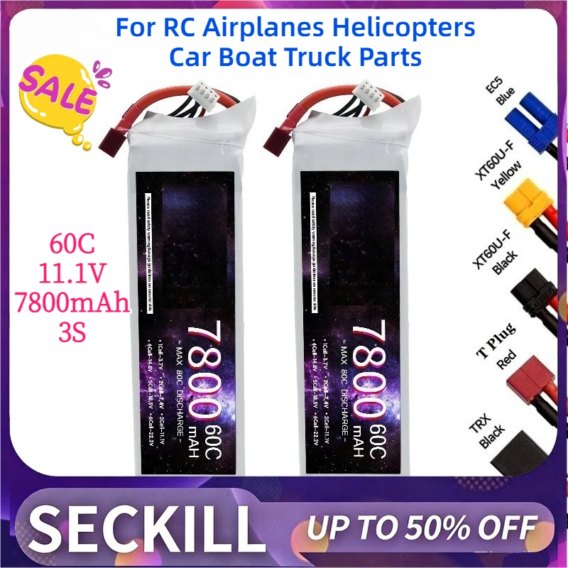 60C 11.1V 7800mAh 3S Lithium Polymer Battery for RC Airplanes Helicopters Car Boat Truck Parts with T XT60 XT90 EC5 EC8 TRX Plug