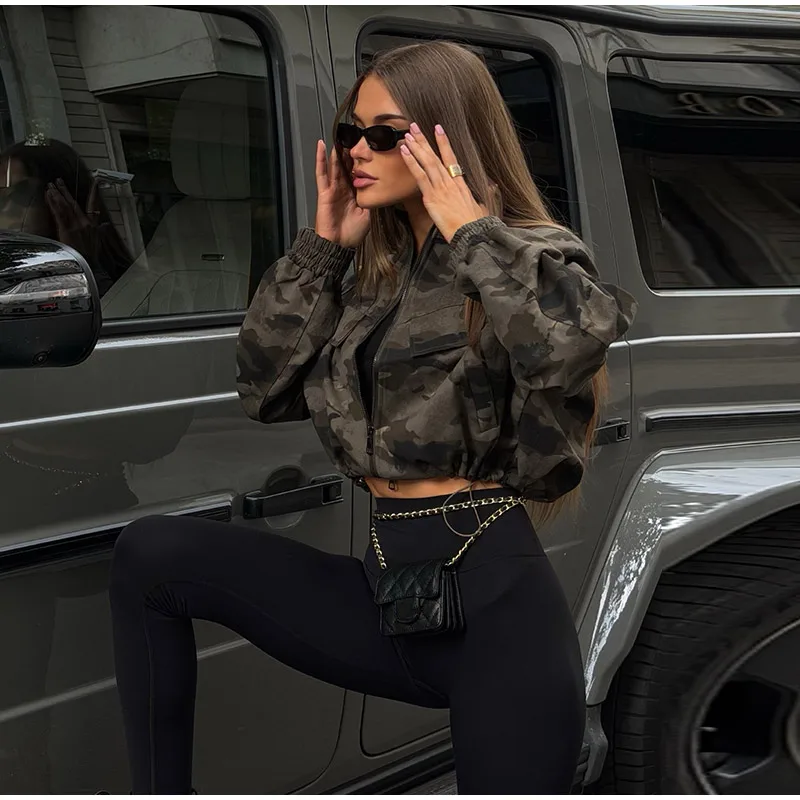 Women Camo Print Hooded Zipper Jacket Elastic Cuff Jacket Cropped Short Length Loose Puffer Winter Warm Winter Street Jackets
