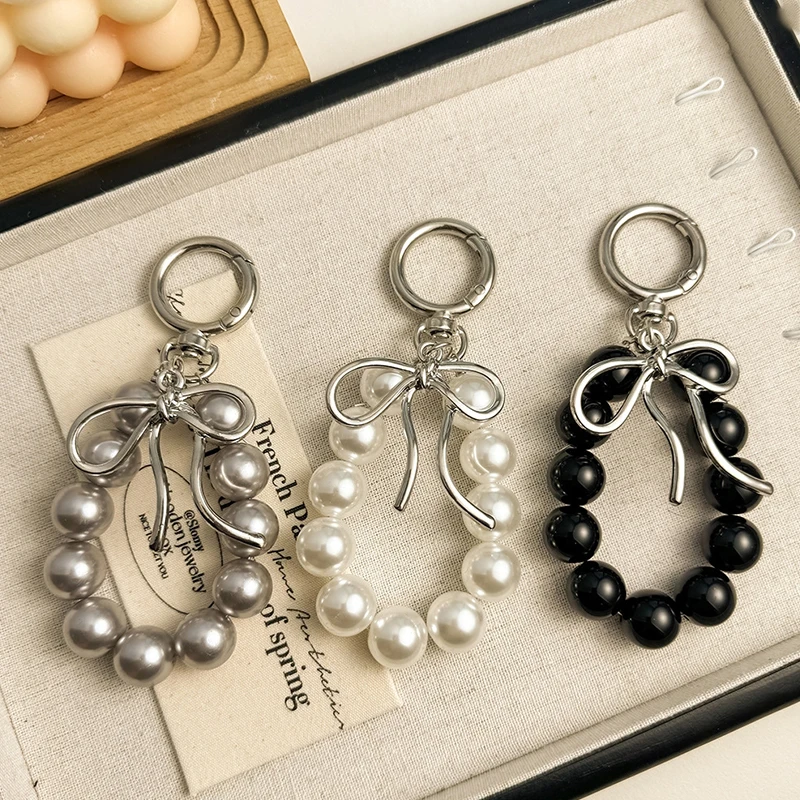 Ins Style Pearl Beads Key Chain Metal Bowknot Phone Pendant Bag Decor Car Key Ring Headphone Case Charm