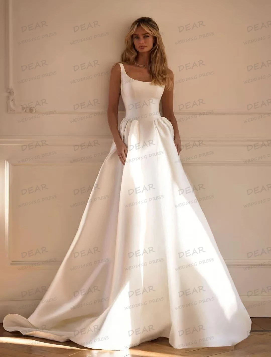 

Simple Wedding Dresses Boat Neck Sexy Sleeveless A Line Women's Bride Gowns Formal Side Split Satin Vestidos De Novia Customized