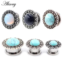 Alisouy 2pcs Stainless Steel Flower Pattern Ear Tunnel Plug Opal Stone Gauges Expander Stretchers Body Piercing Jewelry Earrings