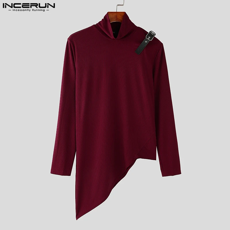 High Collar Texture Knitted Solid Color Tees 2024 INCERUN American Fashion Commuting Tops Men Long Sleeve Welle Fitting T-shirts image 4