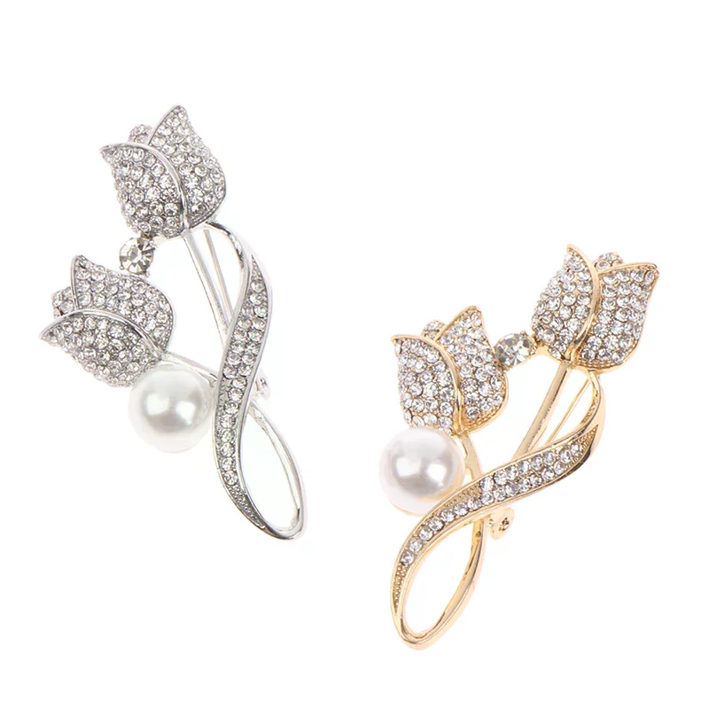 1Pcs New Full Of Rhinestone Tulip Flower Brooch Vintage Fashion Design Clothing Ladies Brooch Metal Pin Accessories