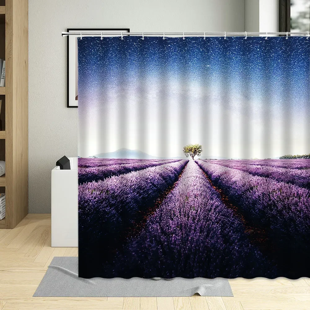 Romantic Lavender Manor Natural Scenery Bathroom Decor Curtains Purple Flower Gardening For Living Room Shower Curtain With Hook