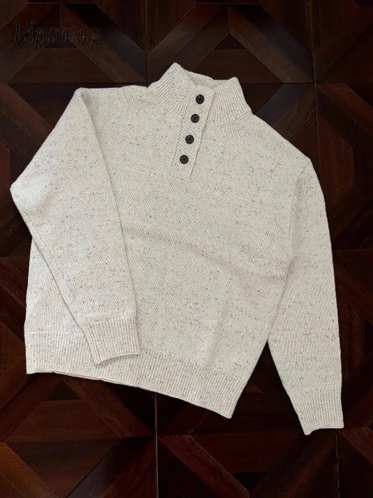 

Осень-зима, повседневный свитер с воротником-стойкой, мужской винтажный однотонный вязаный джемпер на пуговицах, топы, мужские модные вязаные пуловеры